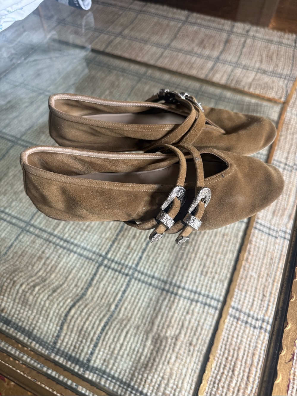 Women’s Suede Tan Buckle Strap Flats